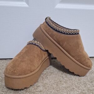 Mudd Tan Suede Mules with Patterned Trim